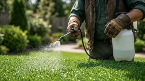 Aplicación mediante pulverizador de un tratamiento líquido diluido en agua para el mantenimiento higiénico y preventivo de una superficie de césped artificial.