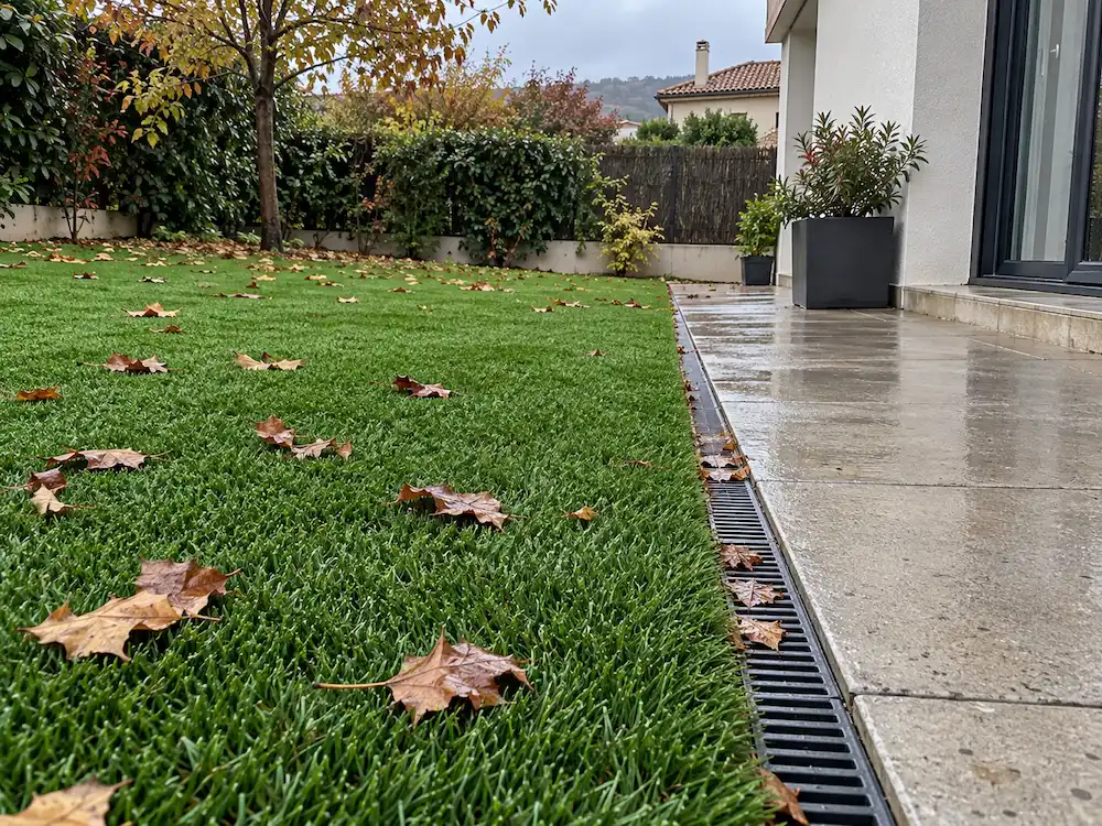 Césped artificial húmedo tras la lluvia, con hojas de otoño y un desagüe sin charcos