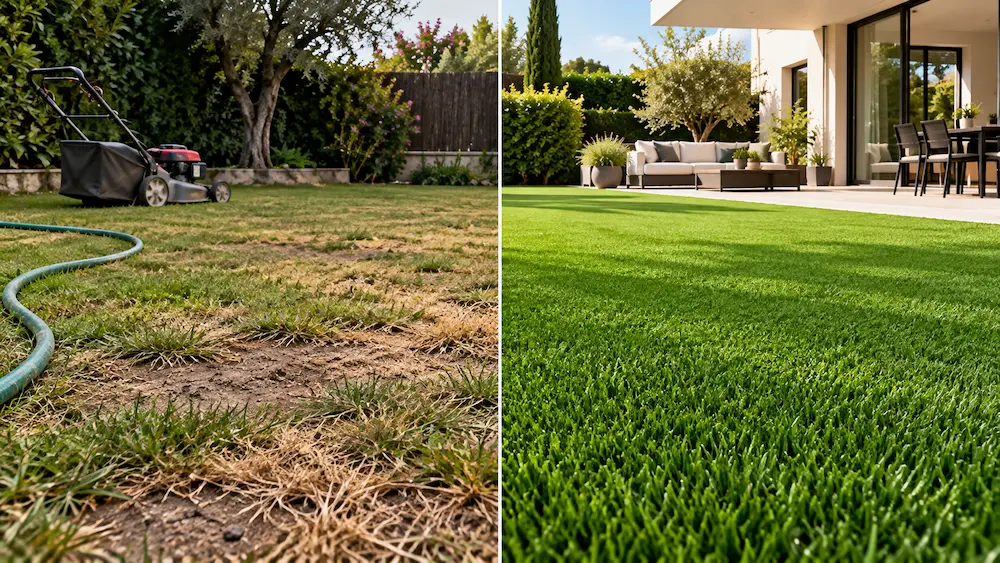 Jardín dividido entre césped natural con calvas y césped artificial verde uniforme